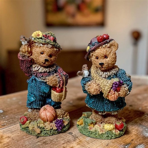 Vintage Style Teddy Bear Figurines Set of 2 – Autumn Harvest Bears With Pumpkins, Fall Decor, Cottagecore Collectible Bears - Etsy