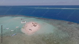 Cayo Arena, Dominican Republic. Drone Shot of Small Coral Island, Reefs, Boats and Tourists
