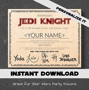 Jedi Certificate Star Wars Party Favor | Jedi Knight Certificate for Star Wars Party | Star Wars Gift for Kids | Instant Download - Etsy