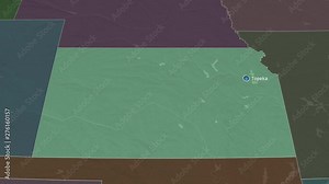 Kansas - state of the United States zoomed on the administrative map of the globe. Animation 3D