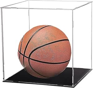 Basketball Display Case, Clear Acrylic Glass Cube Assemble Countertop Box Soccer Frame with Sports Protection with Black Stand Holde (10INCH)