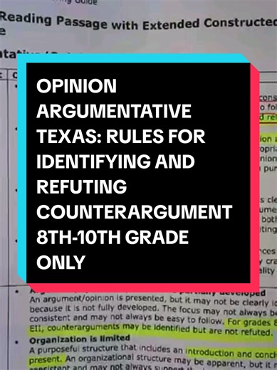 Opinion Argument and Counter Argument In the state of Texas for the opinion argumentative purpose of writing, the guidelines for identifying and refuting a counter argument ONLY apply to students in 8th to 10th grade in order to qualify for two 3s in organization and development. 8th-10th ONLY: ONE: No counter argument identified or refuted TWO: Counter argument identified but NOT refuted THREE: Counter argument identified AND refuted 3rd-7th Grade Only the argument needs to be clearly stated, s