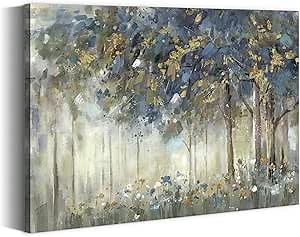 Abstract Landscape Canvas Wall Art: Neoclassicism Forest Painting Dark Blue Trees Picture Modern Country Woods Scenery Prints Contemporary Quiet Suburb Artwork for Bedroom Living Room Home Office