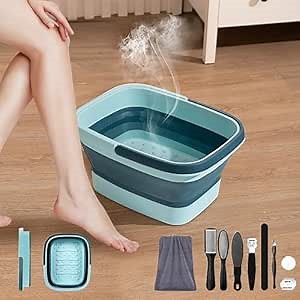 Collapsible Foot Bath Basin for Soaking Feet with Handle, Plastic Portable 15L/4 Gallons Foot Soaking Tub with Towel, Pedicure Tools for Dry Cracked Feet, Pedicure Foot Soak, Home Spa Treatment(Green)