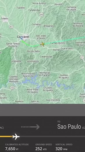 An animation from aviation-tacking company Flightradar24 shows the path of a passenger plane that crashed into the city of Vinhedo, a city in Brazil’s Sao Paulo state, on Friday, with 62 people on board. According to state officials, the plane departed Cascavel in Parana state and was heading to Guarulhos, near the city of Sao Paulo, when it fell thousands of feet out of the sky and crashed near homes in Vinhedo. According to data from Flightradar24, the plane plummeted about 17,000 feet in unde