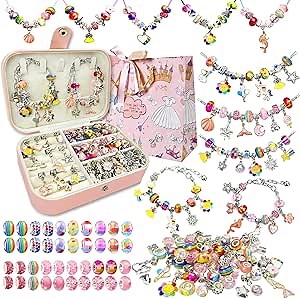 Charm Bracelet Making Kit for Girls 8-12, DIY Bead Jewelry Making Kit with Box, Arts and Crafts for Kids 6-8 Gifts for Girl Toys Age 6 7 8 9 10 11 12 Festival Birthday