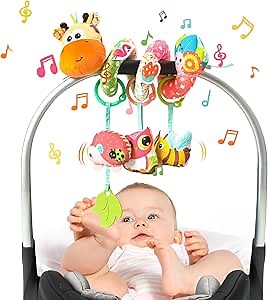 Jollybaby Crib Stroller Car Seat Toys for Baby 0-3-6-9-12 Months, Tummy Time Hanging Sensory Toys for Newborn with Music Box and Teether, Spiral Carseat Toy for Infant Boys Girls Gifts (Yellow)