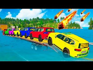 Triple Flatbed Trailer McQueen Transportation with Truck - Speedbumps vs Cars vs Train - BeamNG #79