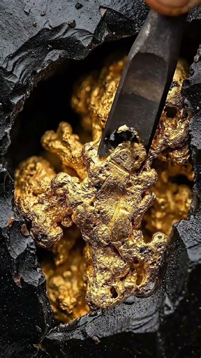Hidden Gold Vein Beneath Obsidian Rock 🔨✨ | ASMR Satisfying — Crack → Reveal → Chisel