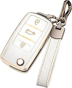 x xotic tech White TPU Full Protect Remote Control Key Fob Cover Shell Case w/Keychain Compatible with Volkswagen Golf GTI Rabbit R MK6 Tiguan Passat Polo Jetta UP! Beetle Santana Scirocco Eos Touran