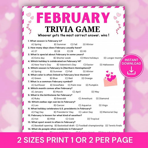 February Trivia Game, Printable Winter & Valentine Trivia Quiz, Fun Monthly Party Game, Family February Activity for Kids and Adults - Etsy
