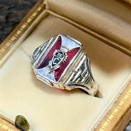 Vintage Sterling Silver Class Ring With Red & Black Enamel, St. C 1959; Size 7 US