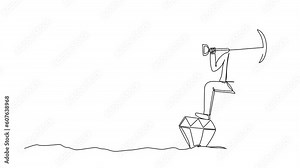 Self drawing animation of single line draw businessman holding pickaxe on shoulder and kicking big diamond. Success business achievement exploring concept. Continuous line draw. Full length animated