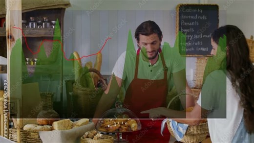 Customer approaching bakery counter, baker lifting glass dome and revealing pastries for purchase