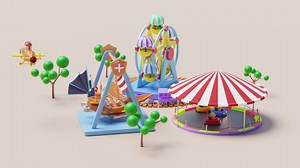 Download 3d amusement park concept with pilot, propeller plane, electric bump car, teddy bear viking ship, locomotive, ferris wheel, landscape isolated on pink background. for free