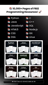 Bookmark this post and start learning today! Share with your friends who needs this! 10,000 Pages of FREE Programming Resources 📚 Level up your coding skills with these comprehensive programming books - completely FREE! Python → goalkicker.com/PythonBook/ Java → goalkicker.com/JavaBook/ JavaScript → goalkicker.com/JavaScriptBook/ HTML5 → goalkicker.com/HTML5Book/ CSS → goalkicker.com/CSSBook/ DSA → goalkicker.com/AlgorithmsBook/ C → goalkicker.com/CBook/ C → goalkicker.com/CPlusPlusBook/ SQL → 