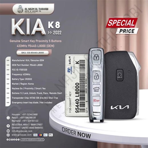 2022 Genuine KIA K8 Smart Key Proximity 5 Button 433MHz 95440-L8000 (OEM). #gskey #uae #key #sale
