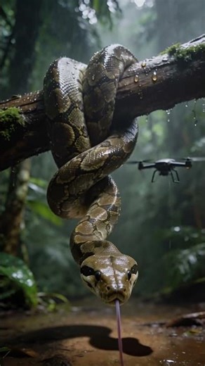 Python Coiled on a Tropical Forest Branch During Heavy Rain #rain #wildlife #python #shorts #animals