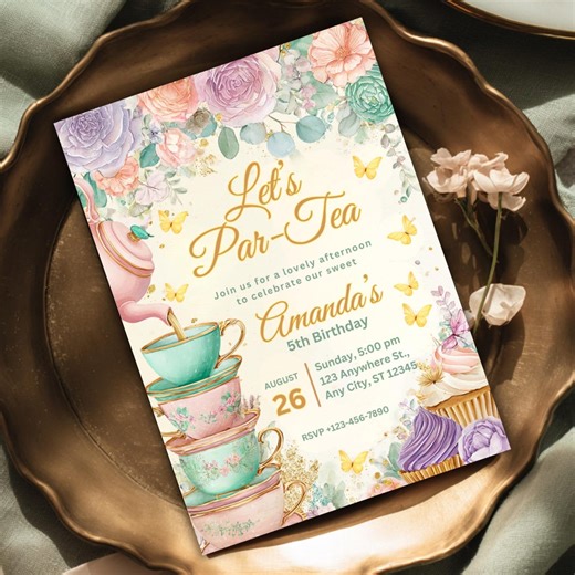 Par-tea Birthday Invitation | Tea Party Birthday Invite for Girls | Floral Tea Party Invitation | Editable Canva Template - Etsy