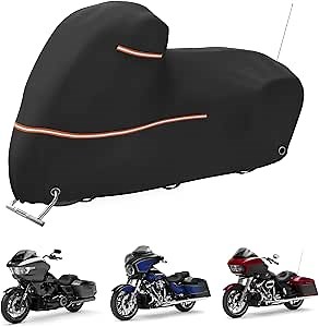 Motorcycle Cover 600D Waterproof, Outdoor Protection Cover for Harley Davidson Touring Models with Side Box,Road King,Road Glide,Street Glide,Electra Glide,Low Rider (107 x 43.3 x 55 in)