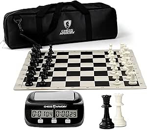 Chess Armory Deluxe Tournament Chess Set 20" Vinyl Board with Chess Clock and Travel Bag for Storage - Triple-Weighted Felted Chess Pieces with 3.75" King - 2 Extra Queens