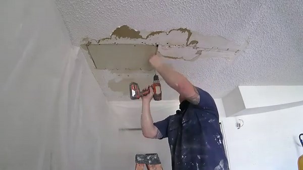how to spray popcorn ceiling texture and effectively patch drywall hole