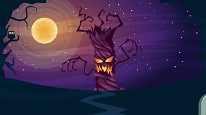happy halloween animated scene with enchanted tree in cemetery ,4k video animation