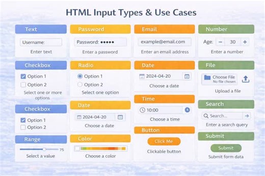 Subhodeep | Student Life & Code on Instagram: "HTML Input Types 📥💻 Forms become powerful when you use the right input type 🚀 From text to date to file — HTML has an input for everything ✨ Save this for revision & follow for daily web dev content 👨‍💻🔥 🔖 Hashtags (5) #HTML #WebDevelopment #FrontendBasics #LearnToCode #CodeWithSubh 🔑 Keywords (10) [html input types, html forms, input type text email password, frontend development, html basics, web development for beginners, form elements ht
