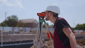Professional Construction Worker Wearing Hard Hat and Safety Glasses Uses Theodolite at Modern Industrial Manufacturing Facility. Man with optical instrument doing land surveying work.
