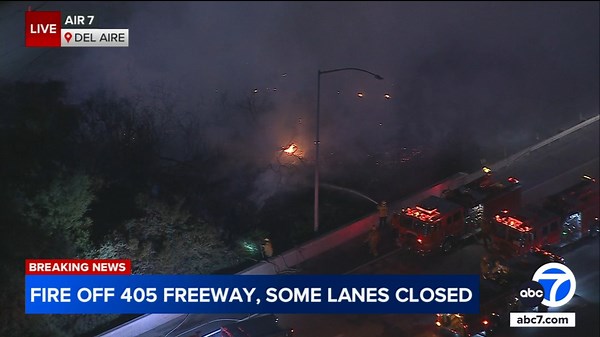 Fire shuts down several lanes on 405 Freeway near Hawthorne