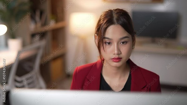 Businesswoman working at her desk displays a range of emotions, including stress, frustration, happiness, and anxiety