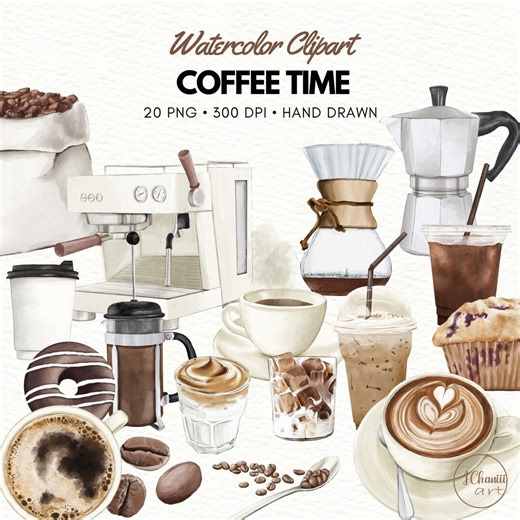 Watercolor Coffee Clipart: Coffee Mugs, Beans, and Tools (PNG) - Etsy Ireland