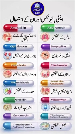 Common Antibiotics and Their Uses | Health Gala | Urdu Health Tips 💊 Learn about common antibiotics and their uses in Urdu. In this video, Health Gala explains medicines like Amoxicillin, Azithromycin, Ciprofloxacin, Doxycycline, and others along with the infections they are commonly prescribed for. Always use antibiotics only on a doctor's advice and avoid self-medication. ⚠️ Disclaimer: This video is for educational purposes only and is not a substitute for professional medical advice. health