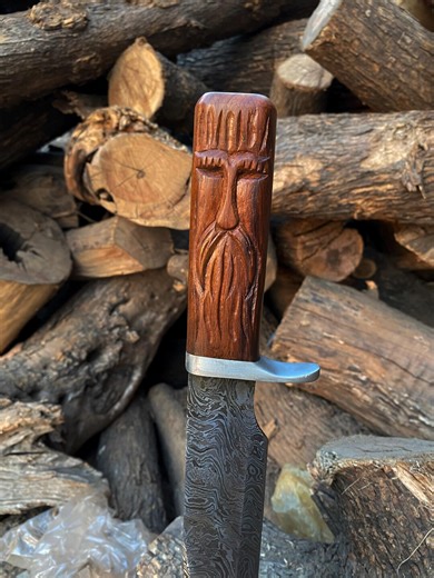 Custom Odin Carved Damascus Knife Rosewood Handle Norse Collectible - Etsy
