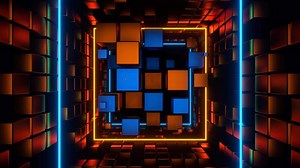 Download Orange and Blue Cubic Entity Move Through Tunnel Background VJ Loop in 4K for free
