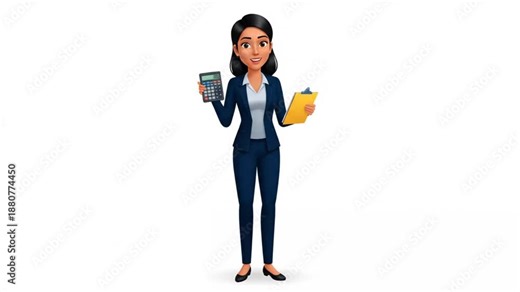 12. Full-body 2D animated tax consultant standing with calculator and notepad, small button-press mo