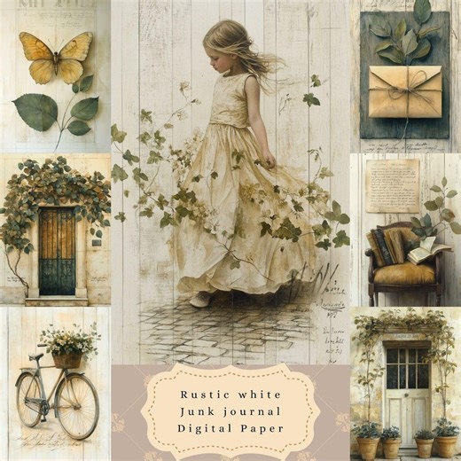 Rustic White Cottage Digital Junk Journal, Shabby Chic Countryside Digital Scrapbook Paper, Landscape, Botanical Decoupage Paper Invitation - Etsy