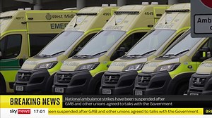 9.3K views · 125 reactions | BREAKING: Ambulance strikes have been suspended after GMB and other unions agreed to talks with the government. Read more: https://trib.al/MRhUekV  Sky 501, Virgin 602, Freeview 233 and YouTube | Sky News | Facebook
