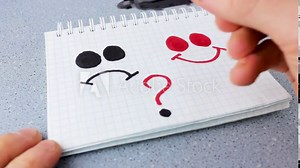 Sad and cheerful emoticons drawn. Cross out the sad emoticon and choose a cheerful one. Emotional test, the concept of classes with a psychologist.