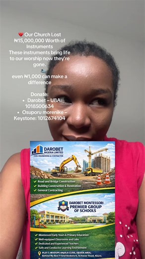 💔 Our Church Lost ₦15,000,000 Worth of Instruments These instruments bring life to our worship… now they’re gone. 🙏 Any amount helps – even ₦1,000 can make a difference Donate: \t•\tDarobet – UBA: 1018500634 \t•\tOsuporu morenike Keystone: 1012674104 #f#fyp