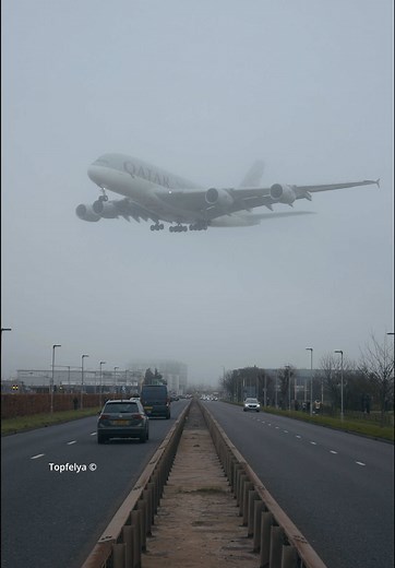 Airbus A380 Navigates Foggy London Heathrow Landing