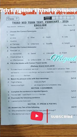 TN 7th English 3rd Revision Question Paper | Important Questions ✍️