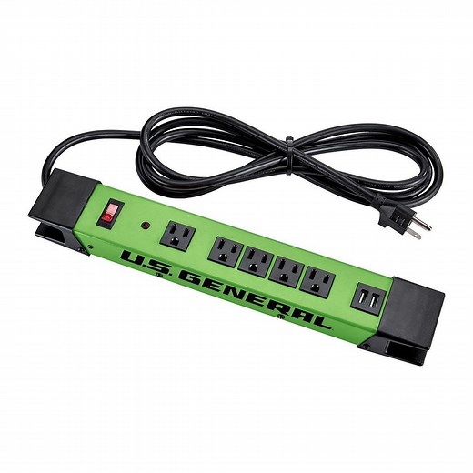 5-Outlet Magnetic Power Strip with Metal Housing and 2 USB Ports, Green