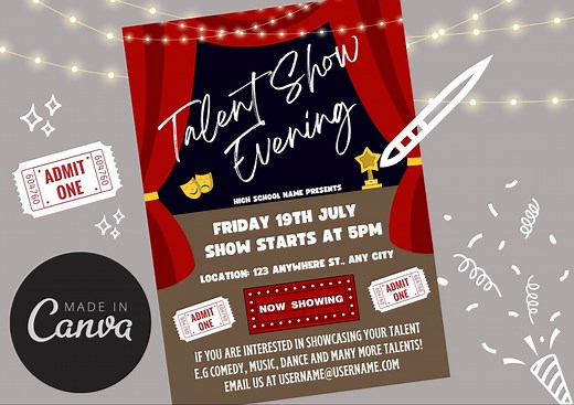 Printable Talent Show Invite Flyer - Editable Canva Template, Digital Talent Show Poster, School Talent Show Flyer, PTA Fundraiser Flyer - Etsy
