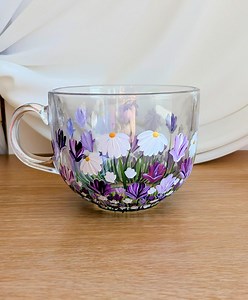 Hand Painted Glass Cappuccino Mug: Purple Flower Design - Etsy