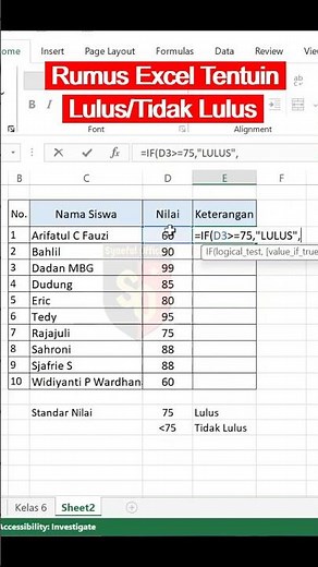 Rumus Excel Menentukan Lulus atau Tidak Lulus