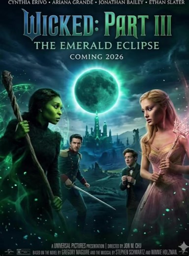 #Wicked: Part III - The Emerald Eclipse (2026) Cynthia Erivo, Ariana Grande, Jonathan Bailey, Ethan Slater The curtain hasn't closed on Oz just yet. Wicked: Part I|I - The Emerald Eclipse takes us beyond the yellow brick road, where the legend of the Wicked Witch and the Good Witch faces its ultimate test in a world where shadows are lengthening over the Emerald City. Cynthia Erivo returns with a haunting, powerful grace as Elphaba. No longer the hunted outcast, she has become a master of the an