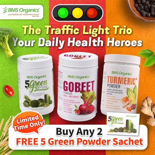 Power up your health in full color! 💥 From RED that fires up your circulation, to YELLOW that defends your gut & joints, and GREEN that detoxes like a pro — this trio has your back. For a limited time only, pick your 2 favorite blends and score a FREE 5 Green Powder Sachet. Don’t let your daily health heroes pass you by! | BMS Organics