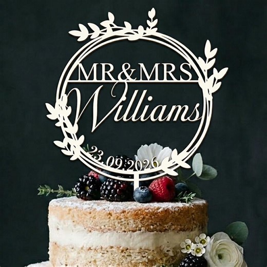 Personalised Wedding Cake Topper | Custom Mr & Mrs Name Topper | Rustic Wood Wreath Design | Bridal Shower Decor | Engagement Party Gift - Etsy