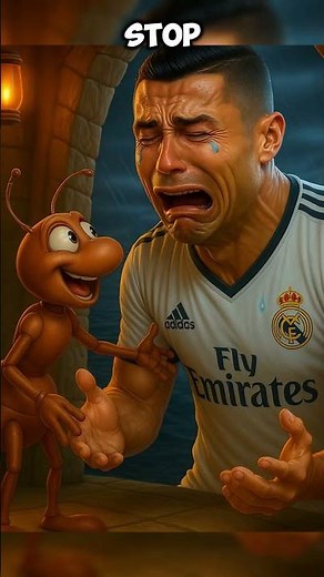 Ronaldo in Real Madrid Jersey Interacts with Cartoon Ants, Exaggerated Expression 😲
